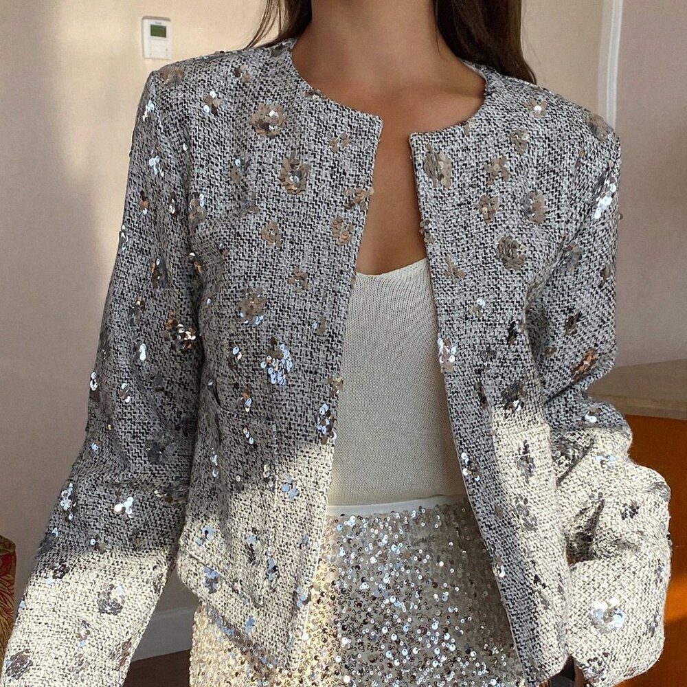 Silver Elegant Women's Long Sleeve Jacket - Picture 4 of 6
